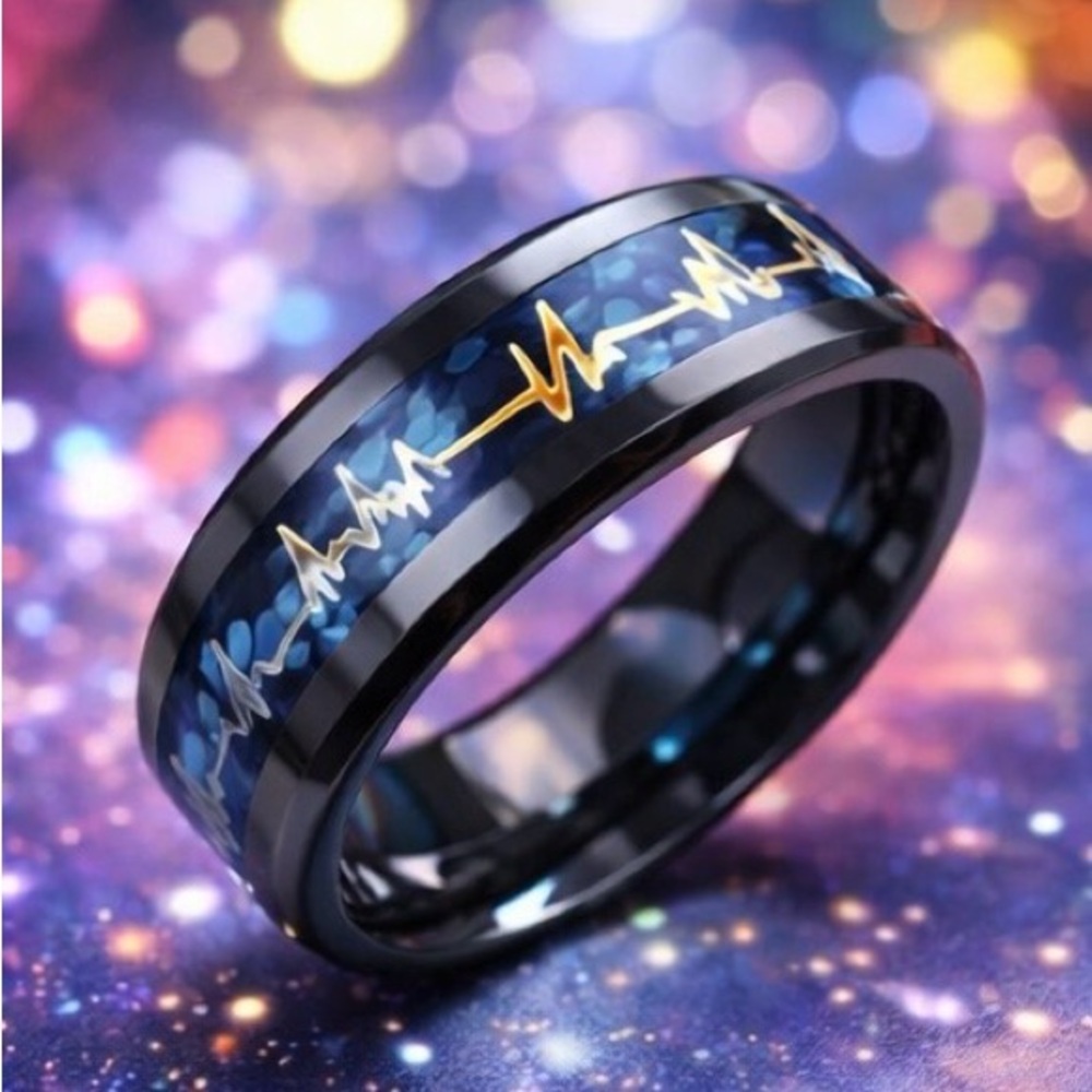 Elegant Black and Blue Ring with Gold Pulse Design